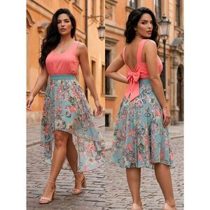 ☔️🔹️Just Me Sage & Coral Hi-Low Open Back Sleeveless Dress Medium